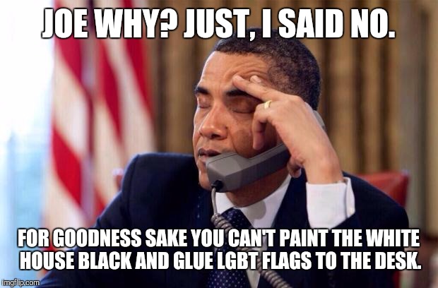 Obama Phone | JOE WHY? JUST, I SAID NO. FOR GOODNESS SAKE YOU CAN'T PAINT THE WHITE HOUSE BLACK AND GLUE LGBT FLAGS TO THE DESK. | image tagged in obama phone | made w/ Imgflip meme maker