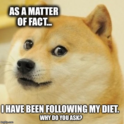 Doge Meme | AS A MATTER OF FACT... I HAVE BEEN FOLLOWING MY DIET. WHY DO YOU ASK? | image tagged in memes,doge | made w/ Imgflip meme maker