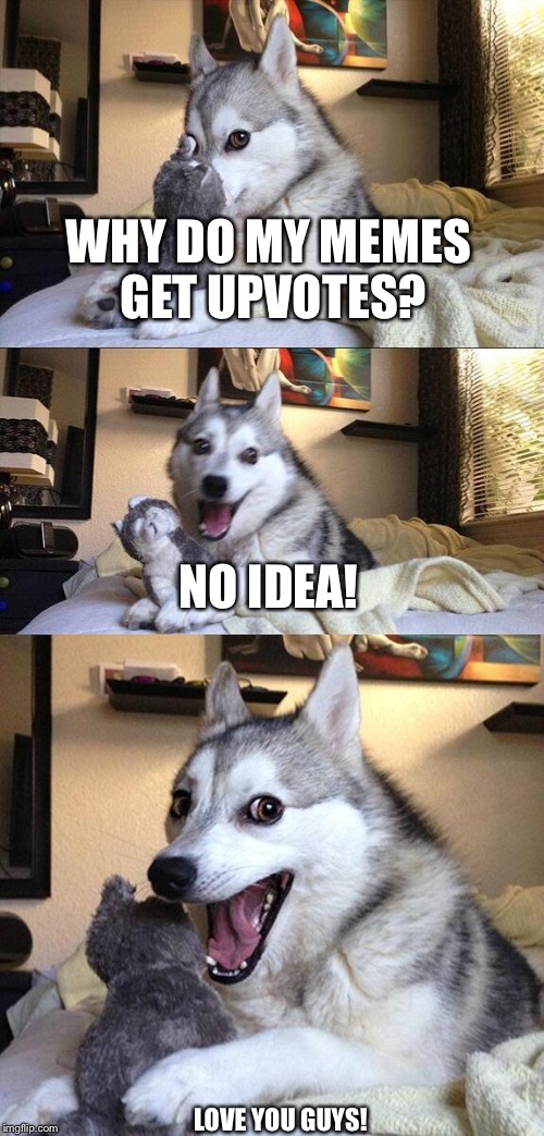 Bad Pun Dog | WHY DO MY MEMES GET UPVOTES? NO IDEA! LOVE YOU GUYS! | image tagged in memes,bad pun dog | made w/ Imgflip meme maker