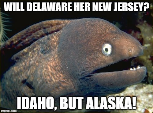Bad Joke Eel | WILL DELAWARE HER NEW JERSEY? IDAHO, BUT ALASKA! | image tagged in memes,bad joke eel,idaho,new jersey,alaska,delaware | made w/ Imgflip meme maker