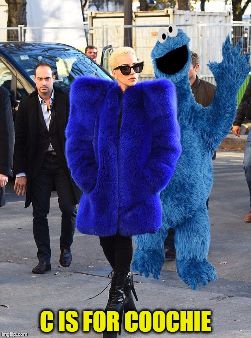 Lady Gaga and Cookie Monster | C IS FOR COOCHIE | image tagged in lady gaga and cookie monster | made w/ Imgflip meme maker
