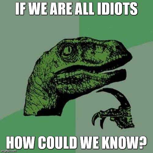 Philosoraptor | IF WE ARE ALL IDIOTS; HOW COULD WE KNOW? | image tagged in memes,philosoraptor | made w/ Imgflip meme maker