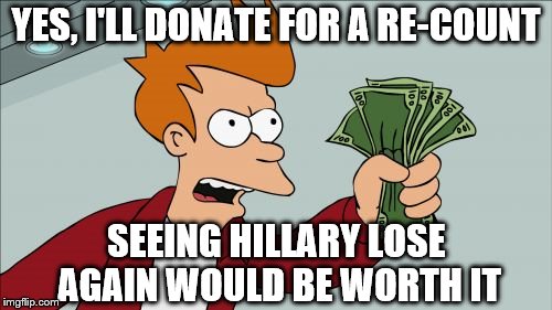 Shut Up And Take My Money Fry | YES, I'LL DONATE FOR A RE-COUNT; SEEING HILLARY LOSE AGAIN WOULD BE WORTH IT | image tagged in memes,shut up and take my money fry | made w/ Imgflip meme maker