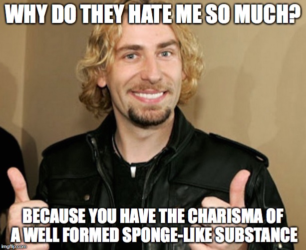 nickelbacked | WHY DO THEY HATE ME SO MUCH? BECAUSE YOU HAVE THE CHARISMA OF A WELL FORMED SPONGE-LIKE SUBSTANCE | image tagged in nickelbacked | made w/ Imgflip meme maker