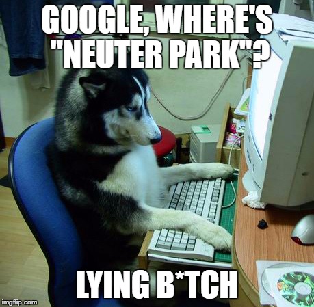 Can't even lie to our dogs these days | GOOGLE, WHERE'S "NEUTER PARK"? LYING B*TCH | image tagged in i have no idea what i am doing,memes,computer dog,google search | made w/ Imgflip meme maker