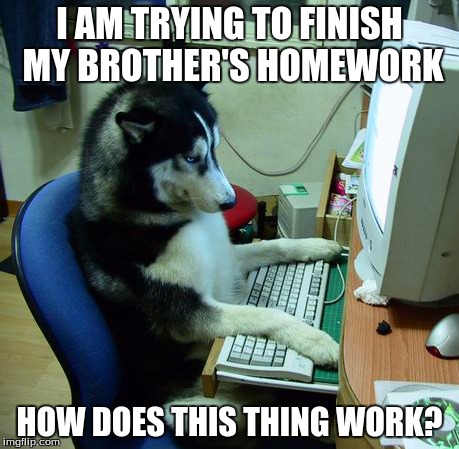 I Have No Idea What I Am Doing | I AM TRYING TO FINISH MY BROTHER'S HOMEWORK; HOW DOES THIS THING WORK? | image tagged in memes,i have no idea what i am doing | made w/ Imgflip meme maker