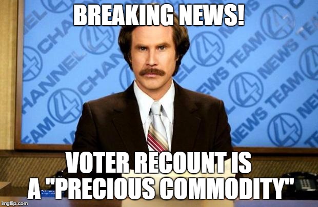 A recount won't change the election results, but Trump and the political fringes are debating it anyway | BREAKING NEWS! VOTER RECOUNT IS A "PRECIOUS COMMODITY" | image tagged in breaking news | made w/ Imgflip meme maker
