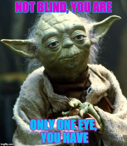 Star Wars Yoda Meme | NOT BLIND, YOU ARE ONLY ONE EYE, YOU HAVE | image tagged in memes,star wars yoda | made w/ Imgflip meme maker
