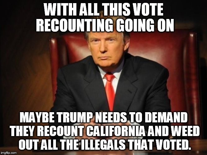 donald trump | WITH ALL THIS VOTE RECOUNTING GOING ON; MAYBE TRUMP NEEDS TO DEMAND THEY RECOUNT CALIFORNIA AND WEED OUT ALL THE ILLEGALS THAT VOTED. | image tagged in donald trump | made w/ Imgflip meme maker