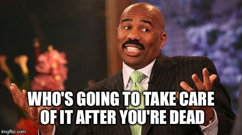 Steve Harvey Meme | WHO'S GOING TO TAKE CARE OF IT AFTER YOU'RE DEAD | image tagged in memes,steve harvey | made w/ Imgflip meme maker