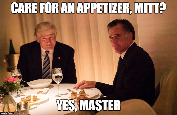 Trump and Awkward Mitt | CARE FOR AN APPETIZER, MITT? YES, MASTER | image tagged in donald trump,mitt romney,awkward,dinner,appetizer,master | made w/ Imgflip meme maker