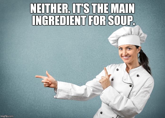 NEITHER. IT'S THE MAIN INGREDIENT FOR SOUP. | made w/ Imgflip meme maker
