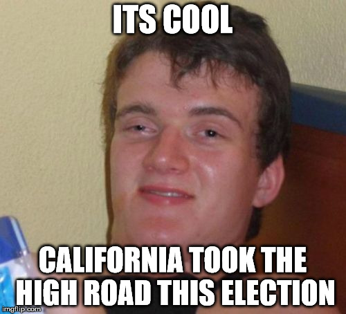 10 Guy Meme | ITS COOL CALIFORNIA TOOK THE HIGH ROAD THIS ELECTION | image tagged in memes,10 guy | made w/ Imgflip meme maker