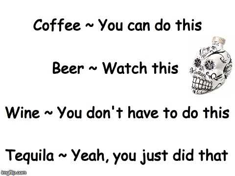 If drinks could talk... | Coffee ~ You can do this; Beer ~ Watch this; Wine ~ You don't have to do this; Tequila ~ Yeah, you just did that | image tagged in if drinks could talk,coffee,beer,wine,tequila | made w/ Imgflip meme maker