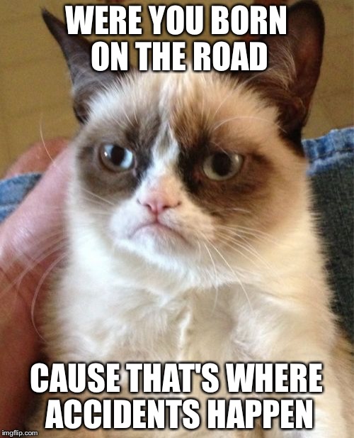 Grumpy Cat Meme | WERE YOU BORN ON THE ROAD; CAUSE THAT'S WHERE ACCIDENTS HAPPEN | image tagged in memes,grumpy cat | made w/ Imgflip meme maker