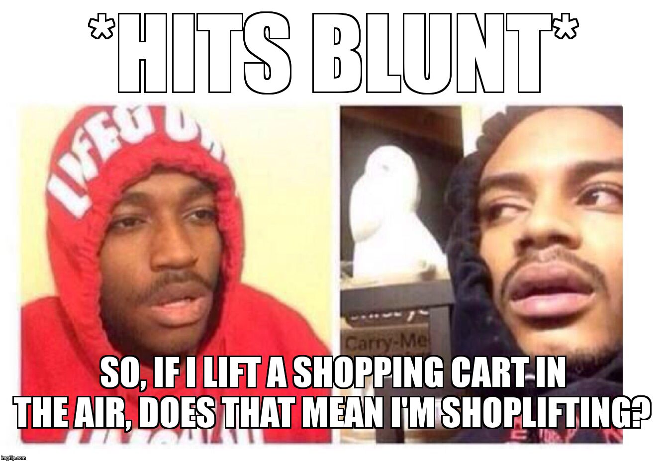 Hits blunt | *HITS BLUNT*; SO, IF I LIFT A SHOPPING CART IN THE AIR, DOES THAT MEAN I'M SHOPLIFTING? | image tagged in hits blunt | made w/ Imgflip meme maker