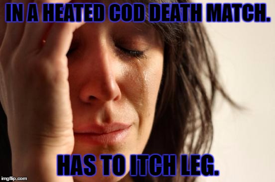 First World Problems Meme | IN A HEATED COD DEATH MATCH. HAS TO ITCH LEG. | image tagged in memes,first world problems | made w/ Imgflip meme maker