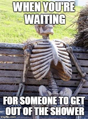 Waiting Skeleton Meme | WHEN YOU'RE WAITING; FOR SOMEONE TO GET OUT OF THE SHOWER | image tagged in memes,waiting skeleton | made w/ Imgflip meme maker