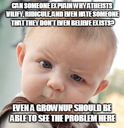 Skeptical Baby Meme | CAN SOMEONE EXPLAIN WHY ATHEISTS VILIFY, RIDICULE, AND EVEN HATE SOMEONE THAT THEY DON'T EVEN BELIEVE EXISTS? EVEN A GROWNUP SHOULD BE ABLE TO SEE THE PROBLEM HERE | image tagged in memes,skeptical baby | made w/ Imgflip meme maker