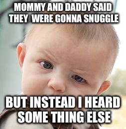 Child hood = ruined | MOMMY AND DADDY SAID THEY
 WERE GONNA SNUGGLE; BUT INSTEAD I HEARD SOME THING ELSE | image tagged in memes,skeptical baby | made w/ Imgflip meme maker