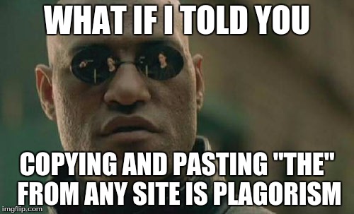 Matrix Morpheus | WHAT IF I TOLD YOU; COPYING AND PASTING "THE" FROM ANY SITE IS PLAGORISM | image tagged in memes,matrix morpheus | made w/ Imgflip meme maker