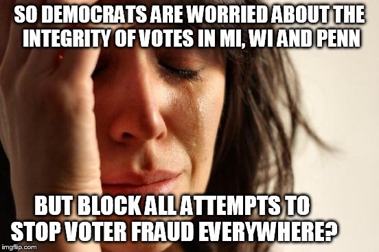 Oh the hypocrisy | SO DEMOCRATS ARE WORRIED ABOUT THE INTEGRITY OF VOTES IN MI, WI AND PENN; BUT BLOCK ALL ATTEMPTS TO STOP VOTER FRAUD EVERYWHERE? | image tagged in memes,first world problems,liberal logic | made w/ Imgflip meme maker