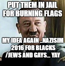 laughing hitler | PUT THEM IN JAIL FOR BURNING FLAGS; MY IDEA AGAIN ..NAZISIM 2016 FOR BLACKS /JEWS AND GAYS... YAY | image tagged in laughing hitler | made w/ Imgflip meme maker