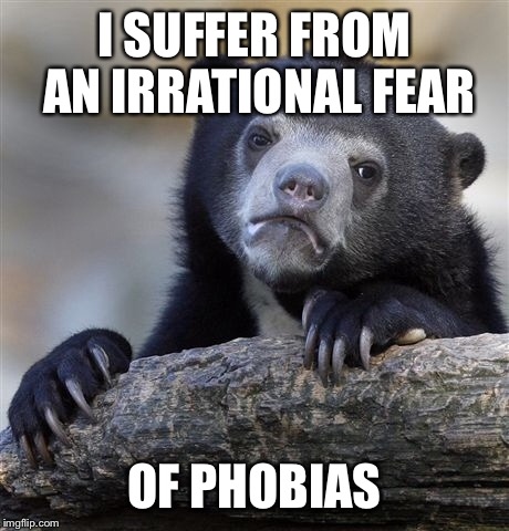 Confession Bear Meme | I SUFFER FROM AN IRRATIONAL FEAR OF PHOBIAS | image tagged in memes,confession bear | made w/ Imgflip meme maker