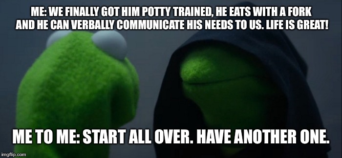 Evil Kermit | ME: WE FINALLY GOT HIM POTTY TRAINED, HE EATS WITH A FORK AND HE CAN VERBALLY COMMUNICATE HIS NEEDS TO US. LIFE IS GREAT! ME TO ME: START ALL OVER. HAVE ANOTHER ONE. | image tagged in evil kermit | made w/ Imgflip meme maker