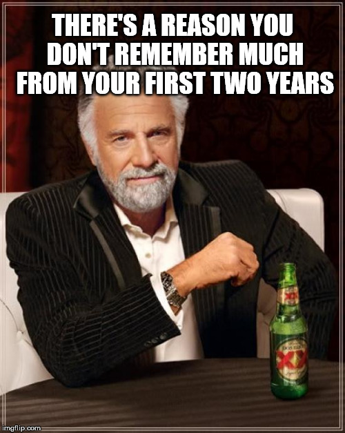 The Most Interesting Man In The World Meme | THERE'S A REASON YOU DON'T REMEMBER MUCH FROM YOUR FIRST TWO YEARS | image tagged in memes,the most interesting man in the world | made w/ Imgflip meme maker