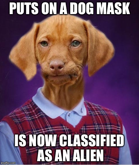 Bad Luck Raydog | PUTS ON A DOG MASK; IS NOW CLASSIFIED AS AN ALIEN | image tagged in bad luck raydog | made w/ Imgflip meme maker