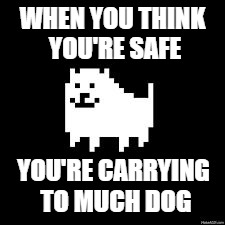 WHEN YOU THINK YOU'RE SAFE; YOU'RE CARRYING TO MUCH DOG | image tagged in annoying dog | made w/ Imgflip meme maker