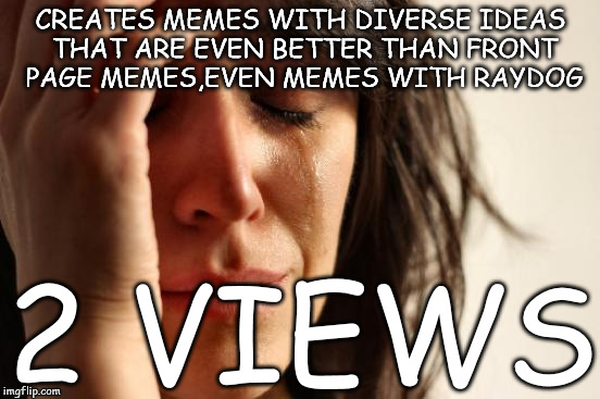 First World Problems | CREATES MEMES WITH DIVERSE IDEAS THAT ARE EVEN BETTER THAN FRONT PAGE MEMES,EVEN MEMES WITH RAYDOG; 2 VIEWS | image tagged in memes,first world problems,raydog,funny,views,upvotes | made w/ Imgflip meme maker