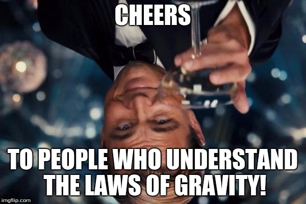 Leonardo Dicaprio Cheers Meme | CHEERS; TO PEOPLE WHO UNDERSTAND THE LAWS OF GRAVITY! | image tagged in memes,leonardo dicaprio cheers | made w/ Imgflip meme maker