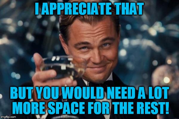 Leonardo Dicaprio Cheers Meme | I APPRECIATE THAT BUT YOU WOULD NEED A LOT MORE SPACE FOR THE REST! | image tagged in memes,leonardo dicaprio cheers | made w/ Imgflip meme maker