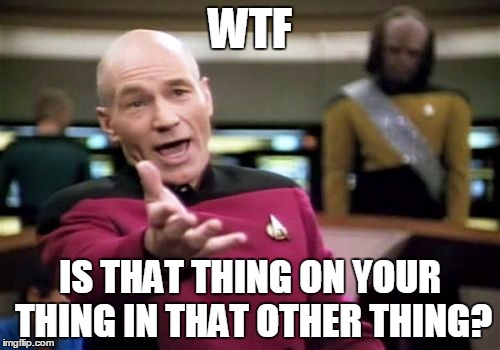 Picard Wtf | WTF; IS THAT THING ON YOUR THING IN THAT OTHER THING? | image tagged in memes,picard wtf | made w/ Imgflip meme maker