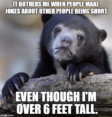 Unless it's Napoleon. Those jokes are funny, even though Napoleon was average height. | IT BOTHERS ME WHEN PEOPLE MAKE JOKES ABOUT OTHER PEOPLE BEING SHORT, EVEN THOUGH I'M OVER 6 FEET TALL. | image tagged in memes,confession bear | made w/ Imgflip meme maker