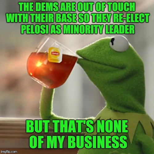 But That's None Of My Business Meme | THE DEMS ARE OUT OF TOUCH WITH THEIR BASE SO THEY RE-ELECT PELOSI AS MINORITY LEADER; BUT THAT'S NONE OF MY BUSINESS | image tagged in memes,but thats none of my business,kermit the frog | made w/ Imgflip meme maker