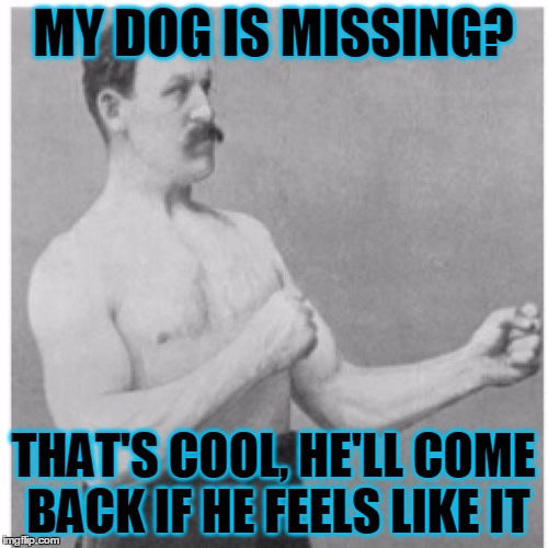 MY DOG IS MISSING? THAT'S COOL, HE'LL COME BACK IF HE FEELS LIKE IT | made w/ Imgflip meme maker