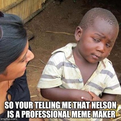 Third World Skeptical Kid | SO YOUR TELLING ME THAT NELSON IS A PROFESSIONAL MEME MAKER | image tagged in memes,third world skeptical kid | made w/ Imgflip meme maker