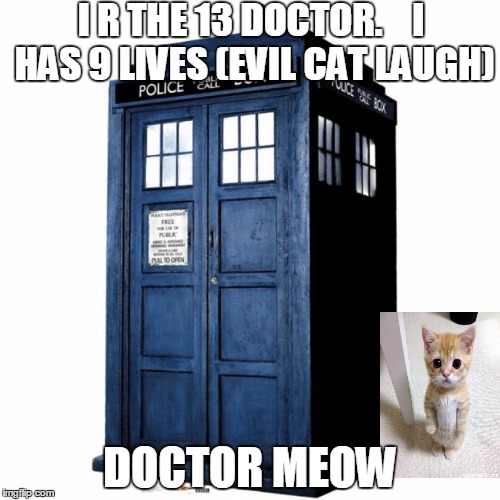 Tardis | I R THE 13 DOCTOR.    I HAS 9 LIVES (EVIL CAT LAUGH); DOCTOR MEOW | image tagged in tardis | made w/ Imgflip meme maker