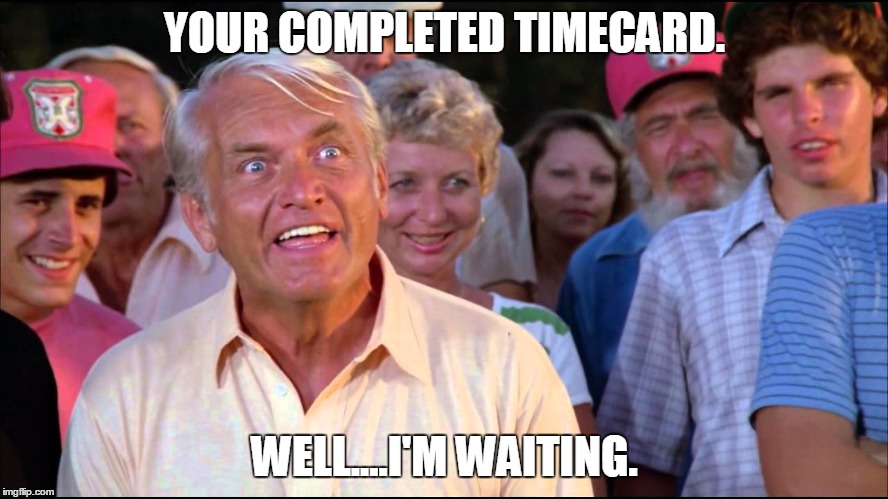 YOUR COMPLETED TIMECARD. WELL....I'M WAITING. | image tagged in caddyshack | made w/ Imgflip meme maker