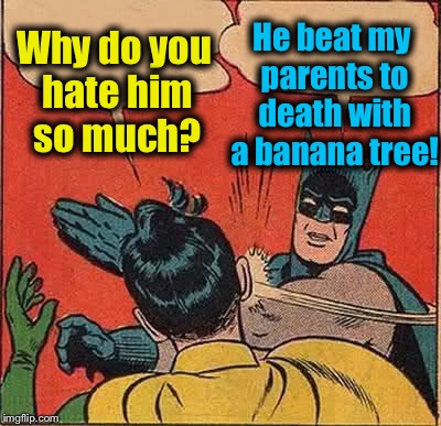 Batman Slapping Robin Meme | Why do you hate him so much? He beat my parents to death with a banana tree! | image tagged in memes,batman slapping robin | made w/ Imgflip meme maker