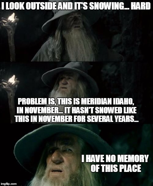 This is Meridian Idaho People, Not  Alaska! | I LOOK OUTSIDE AND IT'S SNOWING... HARD; PROBLEM IS, THIS IS MERIDIAN IDAHO, IN NOVEMBER... IT HASN'T SNOWED LIKE THIS IN NOVEMBER FOR SEVERAL YEARS... I HAVE NO MEMORY OF THIS PLACE | image tagged in memes,confused gandalf,meridian,idaho | made w/ Imgflip meme maker