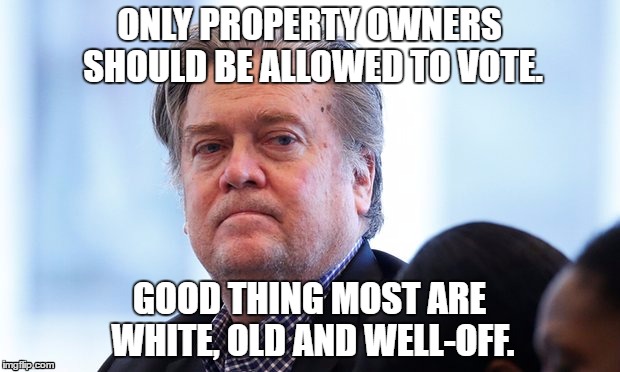 Stephen Bannon: Only property owners... | ONLY PROPERTY OWNERS SHOULD BE ALLOWED TO VOTE. GOOD THING MOST ARE WHITE, OLD AND WELL-OFF. | image tagged in donald trump,trump,stephen bannon,racism,media | made w/ Imgflip meme maker