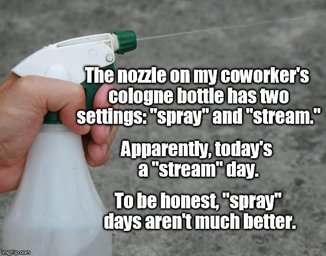 Cheaper by the Gallon! | The nozzle on my coworker's cologne bottle has two settings: "spray" and "stream."; Apparently, today's a "stream" day. To be honest, "spray" days aren't much better. | image tagged in cologne,stinky perfume,perfume,spray | made w/ Imgflip meme maker