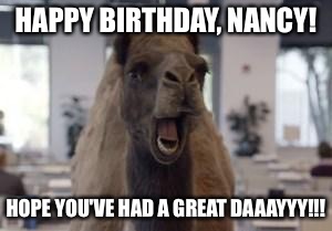 Hump Day Camel | HAPPY BIRTHDAY, NANCY! HOPE YOU'VE HAD A GREAT DAAAYYY!!! | image tagged in hump day camel | made w/ Imgflip meme maker