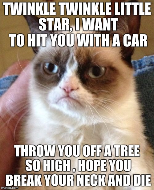 Grumpy Cat Meme | TWINKLE TWINKLE LITTLE STAR, I WANT TO HIT YOU WITH A CAR; THROW YOU OFF A TREE SO HIGH , HOPE YOU BREAK YOUR NECK AND DIE | image tagged in memes,grumpy cat | made w/ Imgflip meme maker