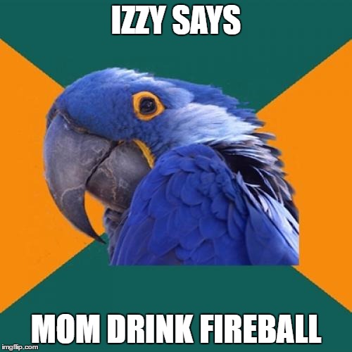 Paranoid Parrot | IZZY SAYS; MOM DRINK FIREBALL | image tagged in memes,paranoid parrot | made w/ Imgflip meme maker