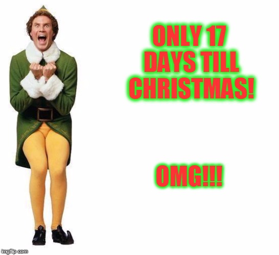 Buddy The Elf | ONLY 17 DAYS TILL CHRISTMAS! OMG!!! | image tagged in buddy the elf | made w/ Imgflip meme maker